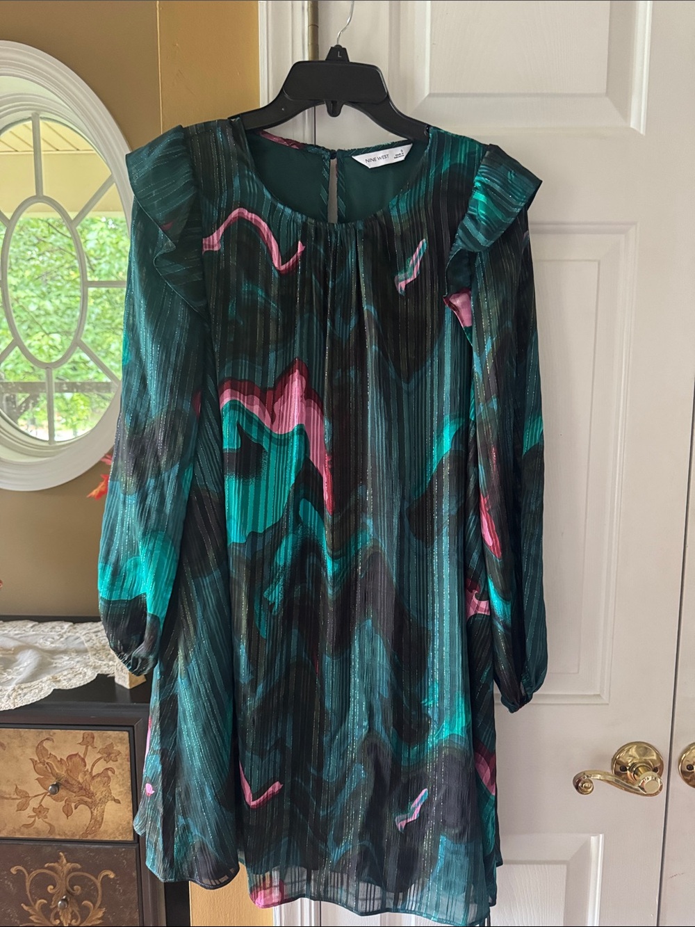 Nine West Teal, Pink & Black Pleated Long-Sleeve Shift Dress